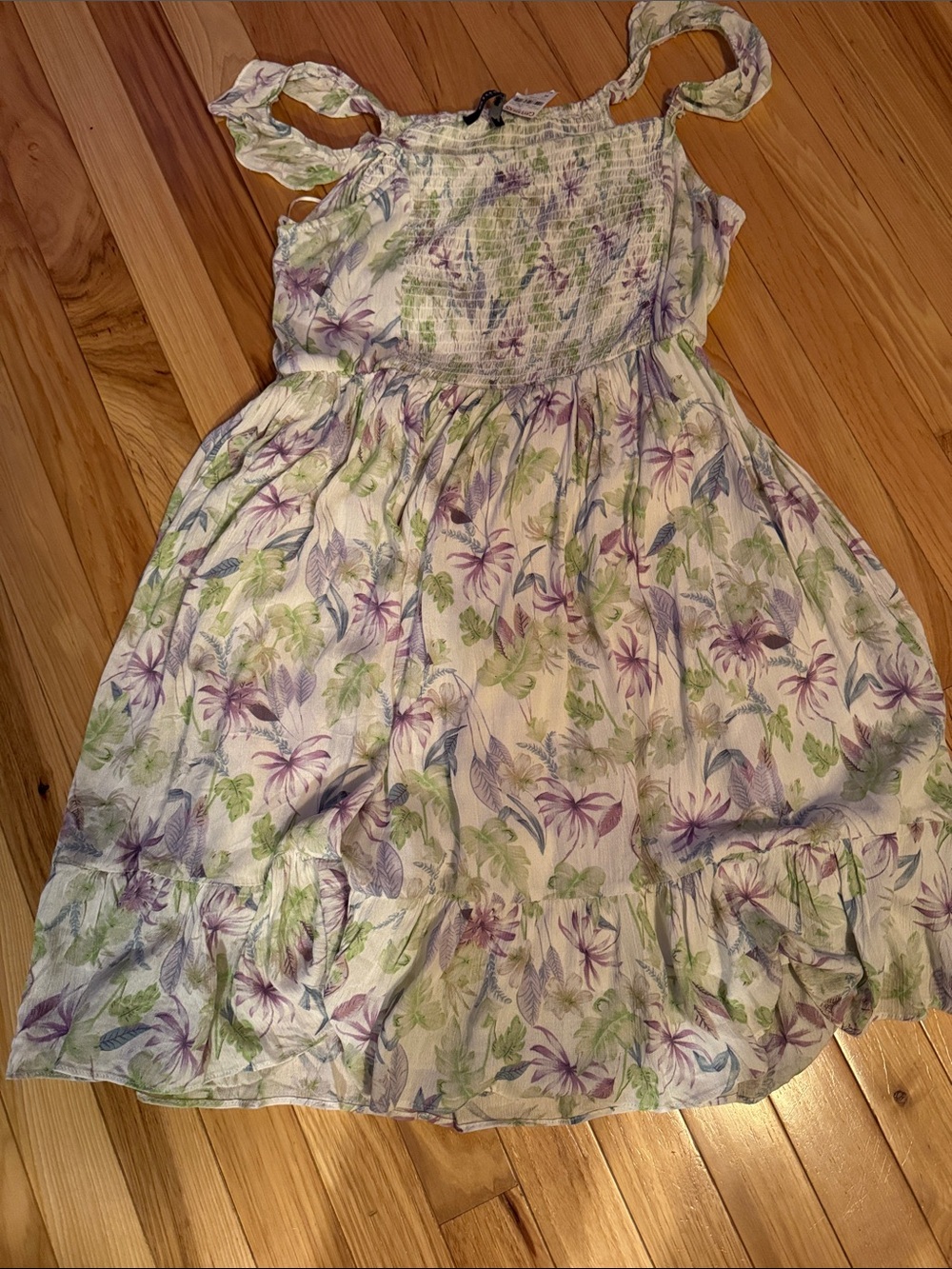 Smocked Floral Mini Dress in Cream with Purple & Green Print